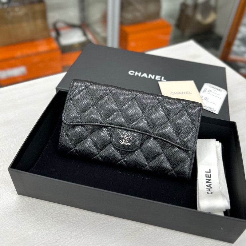 Chanel 黑銀荔枝皮長夾-0