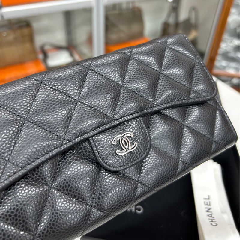 Chanel 黑銀荔枝皮長夾-4