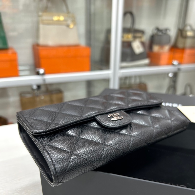Chanel 黑銀荔枝皮長夾-6