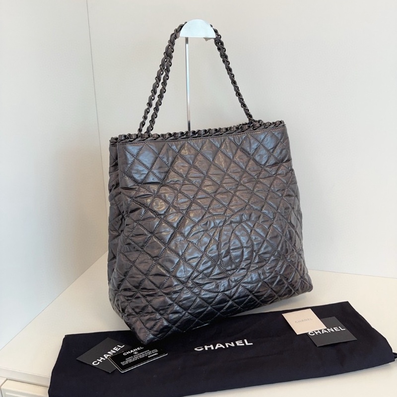 Chanel 經典炭黑色 soblack滾邊金屬鏈條大logo 機場托特包37*37*8  98新配件保卡塵袋-4