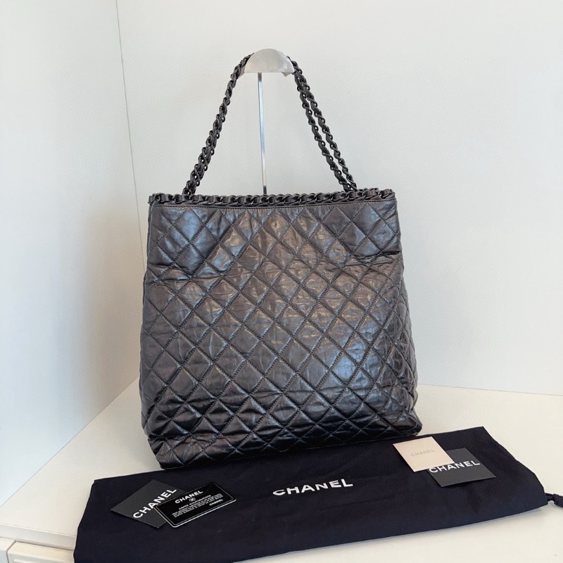 Chanel 經典炭黑色 soblack滾邊金屬鏈條大logo 機場托特包37*37*8  98新配件保卡塵袋-5