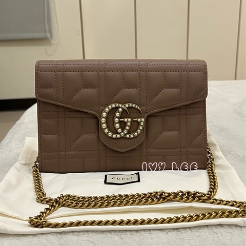 GUCCI MARMONT WOC 珍珠造型 金鏈條 443122 奶茶棕（藕粉）斜背包 肩背包 正品 二手精品