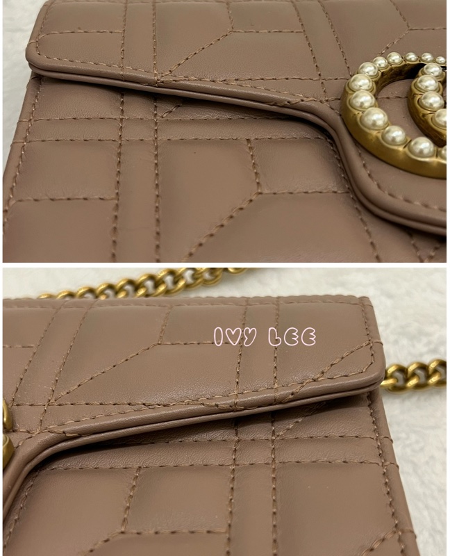 GUCCI MARMONT WOC 珍珠造型 金鏈條 443122 奶茶棕（藕粉）斜背包 肩背包 正品 二手精品-9