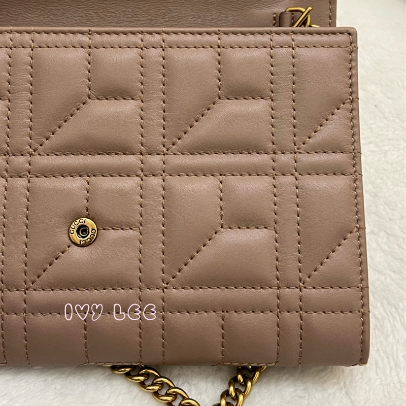 GUCCI MARMONT WOC 珍珠造型 金鏈條 443122 奶茶棕（藕粉）斜背包 肩背包 正品 二手精品-24