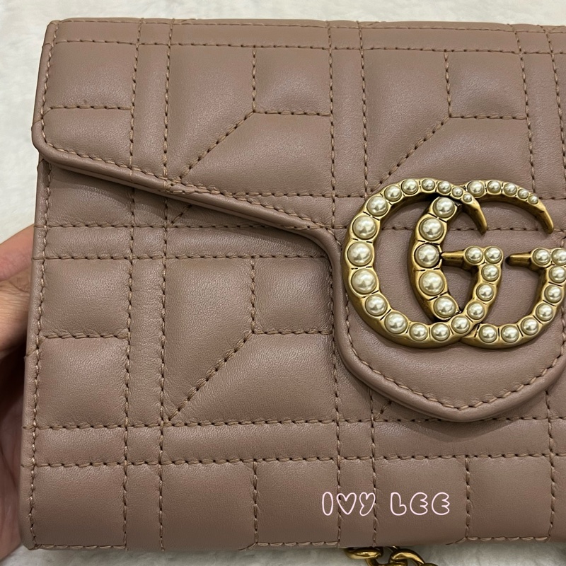 GUCCI MARMONT WOC 珍珠造型 金鏈條 443122 奶茶棕（藕粉）斜背包 肩背包 正品 二手精品-25