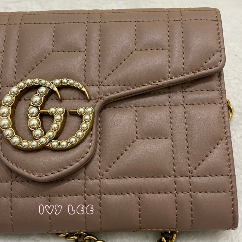 GUCCI MARMONT WOC 珍珠造型 金鏈條 443122 奶茶棕（藕粉）斜背包 肩背包 正品 二手精品-26