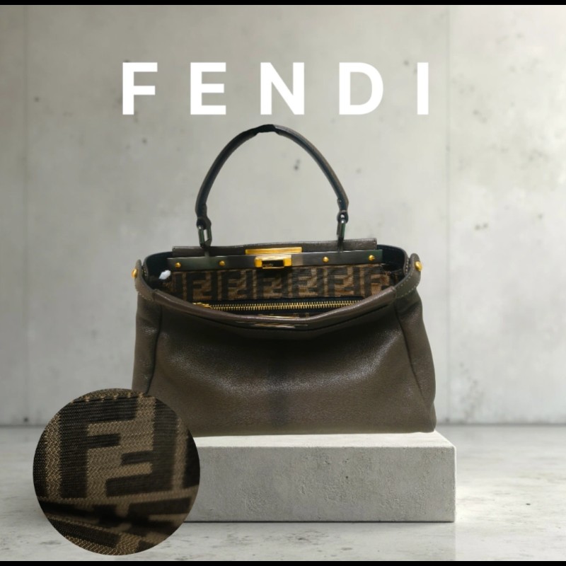 ‼️年前限時特賣‼️（原45800）至1/25⏰【8成新】㊣✨ FENDI✨芬迪 peekaboo 褐色 老花 皮革 梯形 兩用 肩背包 斜背包/雙F/二手包/二手精品/保證正品-0