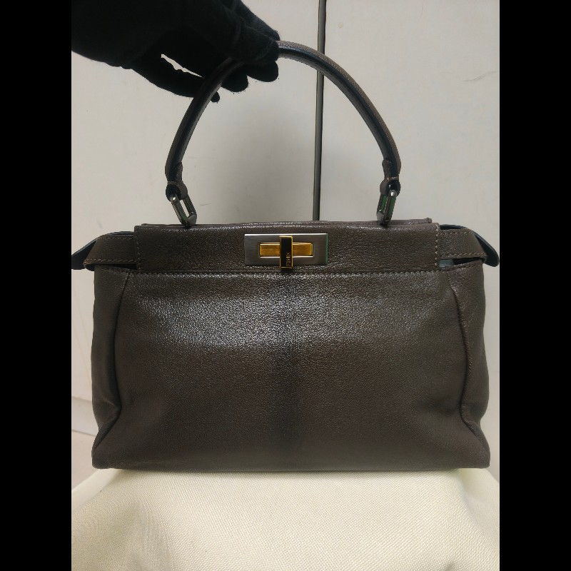 ‼️年前限時特賣‼️（原45800）至1/25⏰【8成新】㊣✨ FENDI✨芬迪 peekaboo 褐色 老花 皮革 梯形 兩用 肩背包 斜背包/雙F/二手包/二手精品/保證正品-3