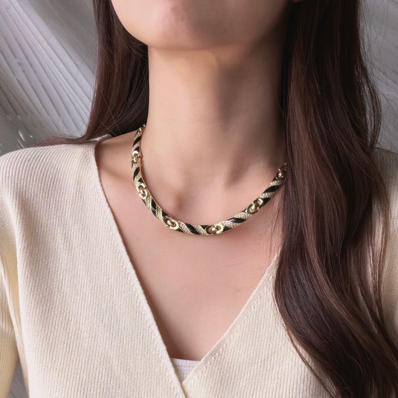 Christian Dior 黑琺瑯水鑽短項鏈 鎖骨鏈 choker 晚宴 派對 首飾-9