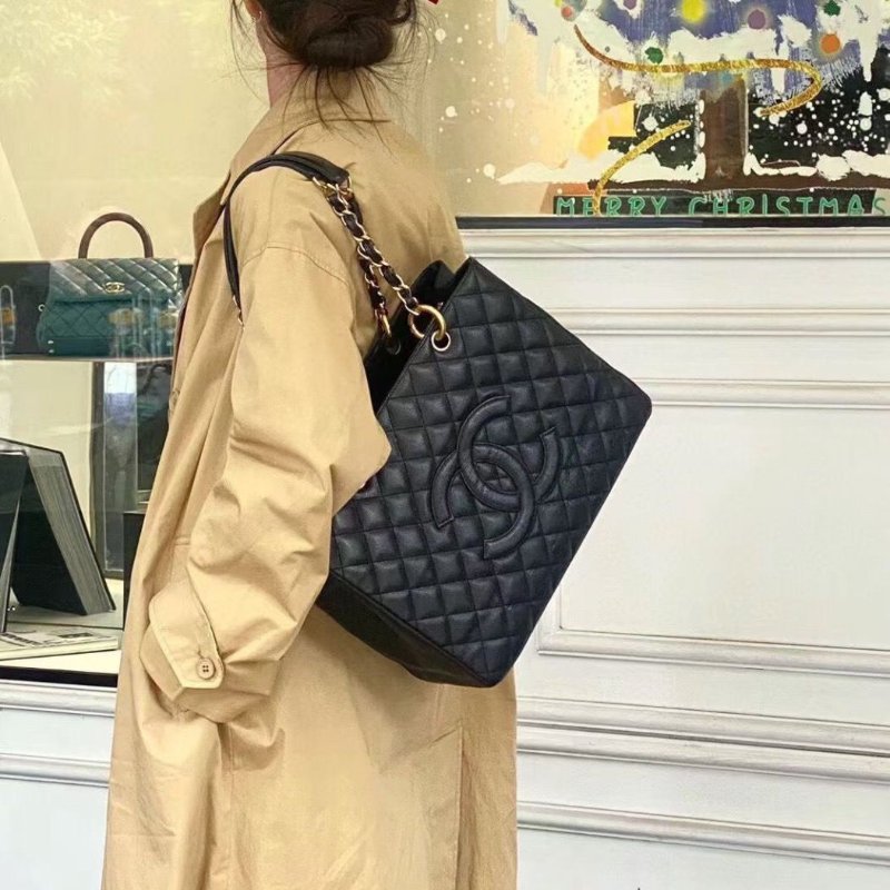 Chanel 黑金GST大號購物袋黑金扣荔枝皮41*26*14 98新配件塵袋-0