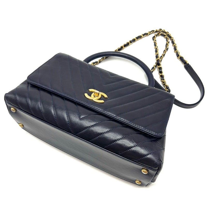 CHANEL 藍色金扣V紋Cocohandle手提肩背包29*17*10 98新配件保卡塵袋-3
