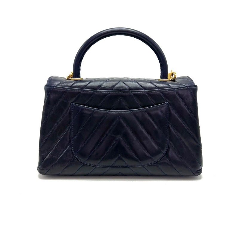 CHANEL 藍色金扣V紋Cocohandle手提肩背包29*17*10 98新配件保卡塵袋-5
