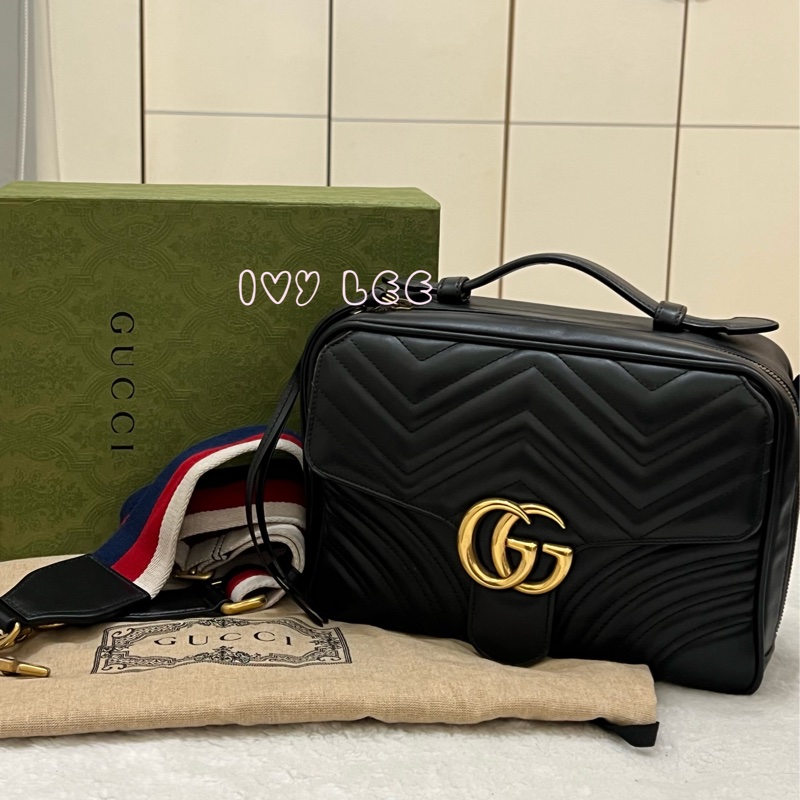 GUCCI498100 經典GG Marmont 仿舊金色 LOGO牛皮 藍紅白背帶 斜背包 相機包 黑 正品 二手精品-0