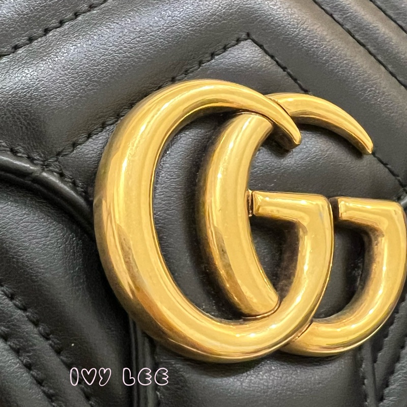 GUCCI498100 經典GG Marmont 仿舊金色 LOGO牛皮 藍紅白背帶 斜背包 相機包 黑 正品 二手精品-3