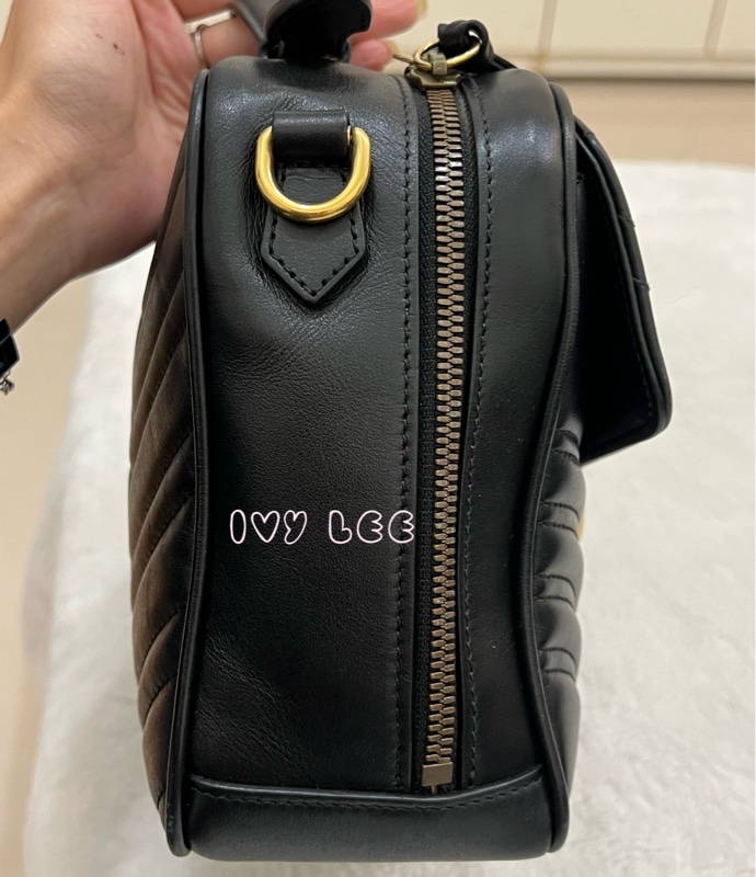 GUCCI498100 經典GG Marmont 仿舊金色 LOGO牛皮 藍紅白背帶 斜背包 相機包 黑 正品 二手精品-5