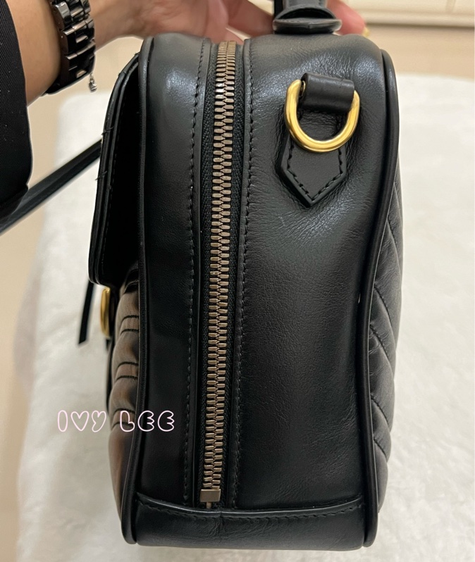 GUCCI498100 經典GG Marmont 仿舊金色 LOGO牛皮 藍紅白背帶 斜背包 相機包 黑 正品 二手精品-6