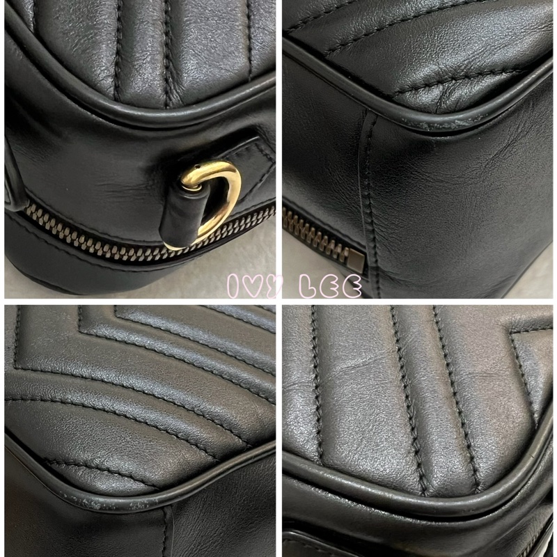 GUCCI498100 經典GG Marmont 仿舊金色 LOGO牛皮 藍紅白背帶 斜背包 相機包 黑 正品 二手精品-21