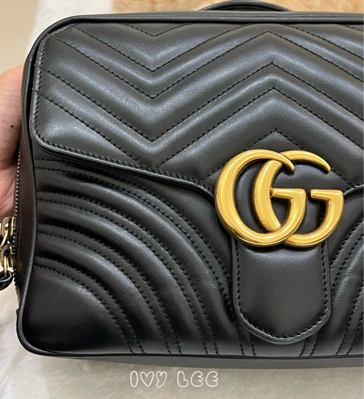 GUCCI498100 經典GG Marmont 仿舊金色 LOGO牛皮 藍紅白背帶 斜背包 相機包 黑 正品 二手精品-38