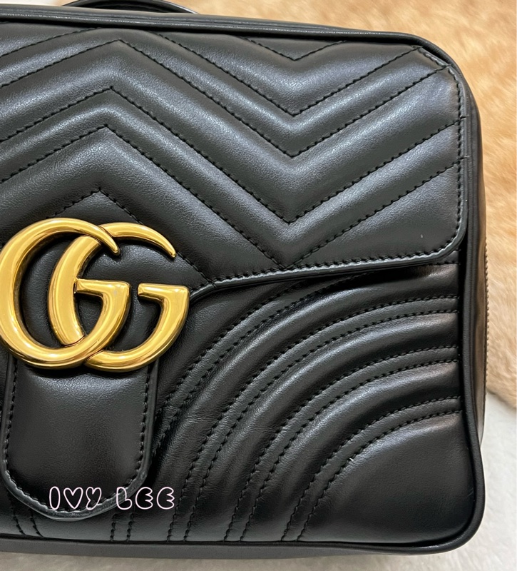 GUCCI498100 經典GG Marmont 仿舊金色 LOGO牛皮 藍紅白背帶 斜背包 相機包 黑 正品 二手精品-39