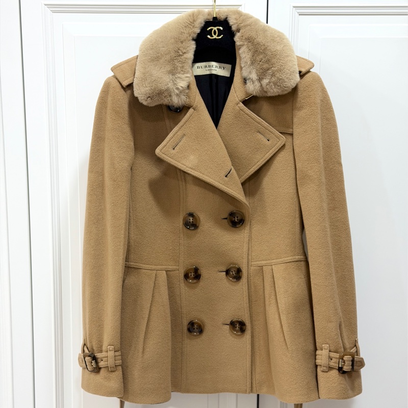 BURBERR 經典 排釦 棕色 卡其 毛領 羊毛大衣 短大衣 夾克 外套-0