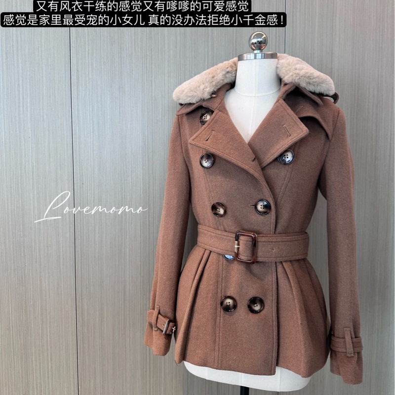 BURBERR 經典 排釦 棕色 卡其 毛領 羊毛大衣 短大衣 夾克 外套-4