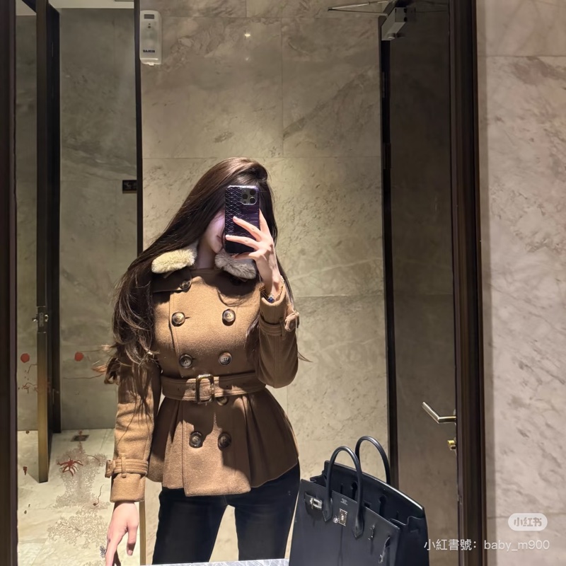 BURBERR 經典 排釦 棕色 卡其 毛領 羊毛大衣 短大衣 夾克 外套-6