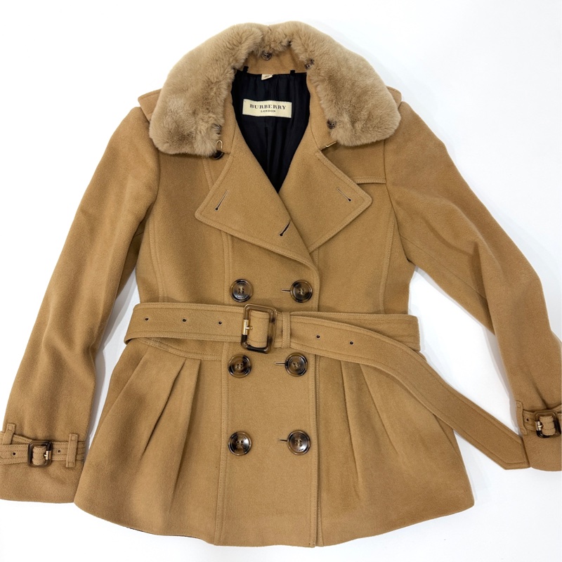 BURBERR 經典 排釦 棕色 卡其 毛領 羊毛大衣 短大衣 夾克 外套-11