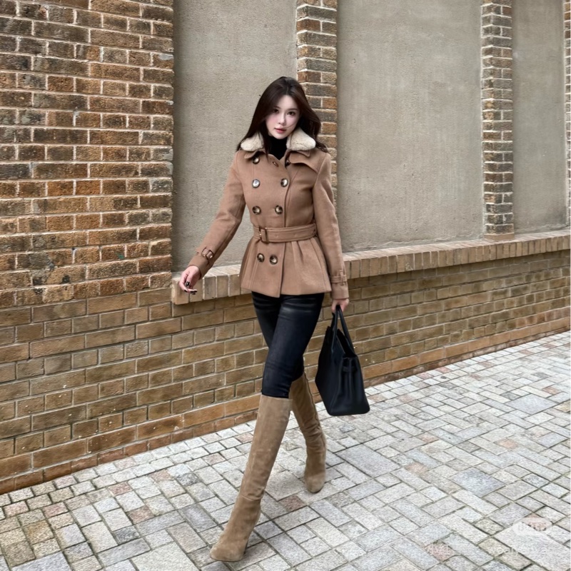 BURBERR 經典 排釦 棕色 卡其 毛領 羊毛大衣 短大衣 夾克 外套-13