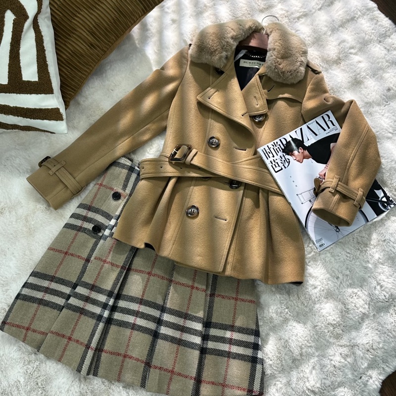 BURBERR 經典 排釦 棕色 卡其 毛領 羊毛大衣 短大衣 夾克 外套-14