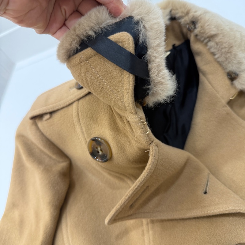 BURBERR 經典 排釦 棕色 卡其 毛領 羊毛大衣 短大衣 夾克 外套-17