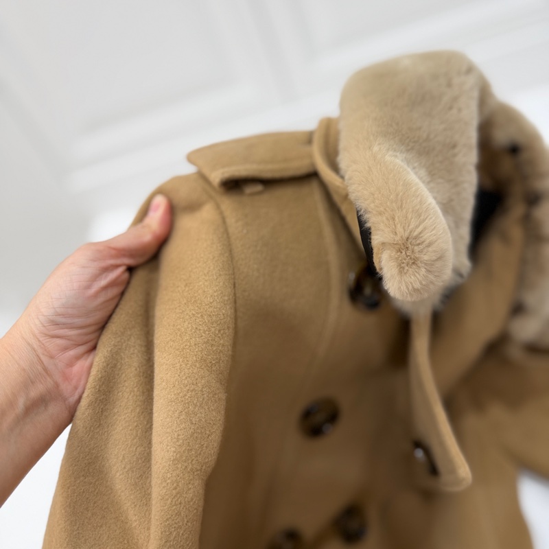 BURBERR 經典 排釦 棕色 卡其 毛領 羊毛大衣 短大衣 夾克 外套-18