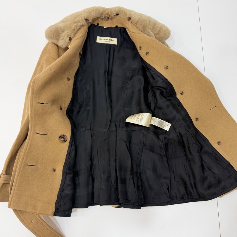 BURBERR 經典 排釦 棕色 卡其 毛領 羊毛大衣 短大衣 夾克 外套-24