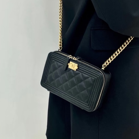 不敗實用款🗝️超低價🤩Chanel香奈兒黑金荔枝牛皮leboy手機包斜挎單肩包