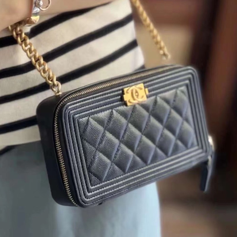 不敗實用款🗝️超低價🤩Chanel香奈兒黑金荔枝牛皮leboy手機包斜挎單肩包-3