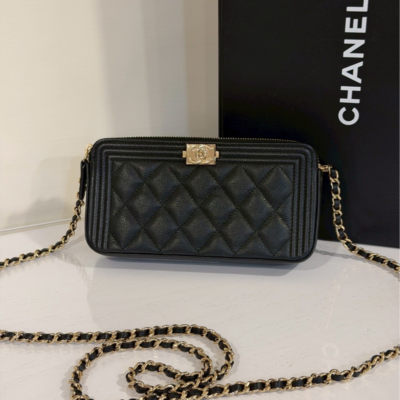 不敗實用款🗝️超低價🤩Chanel香奈兒黑金荔枝牛皮leboy手機包斜挎單肩包-8