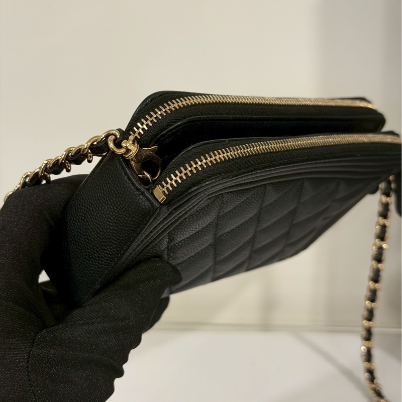 不敗實用款🗝️超低價🤩Chanel香奈兒黑金荔枝牛皮leboy手機包斜挎單肩包-12