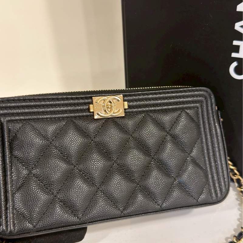 不敗實用款🗝️超低價🤩Chanel香奈兒黑金荔枝牛皮leboy手機包斜挎單肩包-14