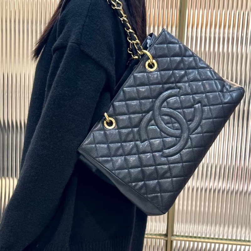 經典實用款😍99新🆕Chanel黑金荔枝牛皮GST托特包單肩包-3