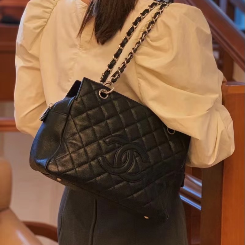 經典實用款😍99新🆕Chanel黑金荔枝牛皮GST托特包單肩包-5