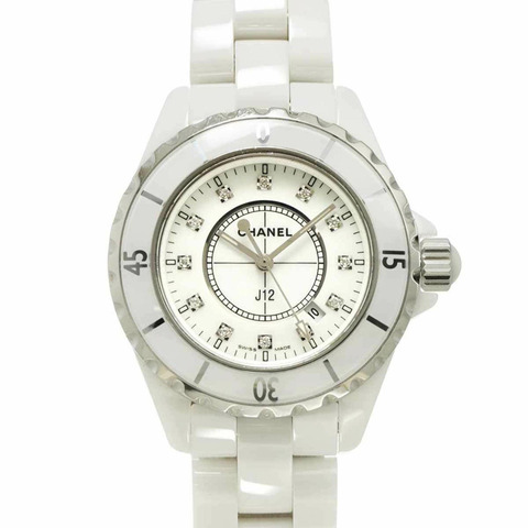 香奈兒 J12 33毫米 H1628 女士腕錶，鑲嵌12顆鑽石，日期顯示，白色陶瓷石英機芯