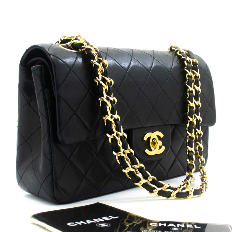 【日本直送】香奈兒經典雙蓋9吋鏈條單肩背包，黑色羊皮-0