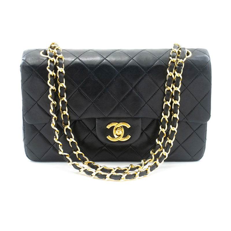 【日本直送】香奈兒經典雙蓋9吋鏈條單肩背包，黑色羊皮-1