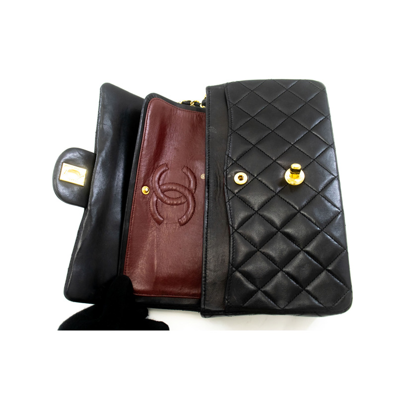 【日本直送】香奈兒經典雙蓋9吋鏈條單肩背包，黑色羊皮-10