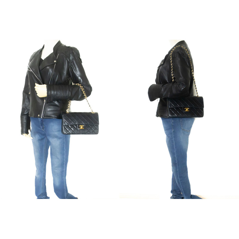 【日本直送】香奈兒經典雙蓋9吋鏈條單肩背包，黑色羊皮-11