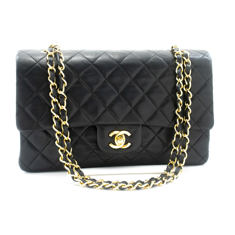 【日本直送】香奈兒經典雙蓋10吋鏈條單肩背包，黑色羊皮-1