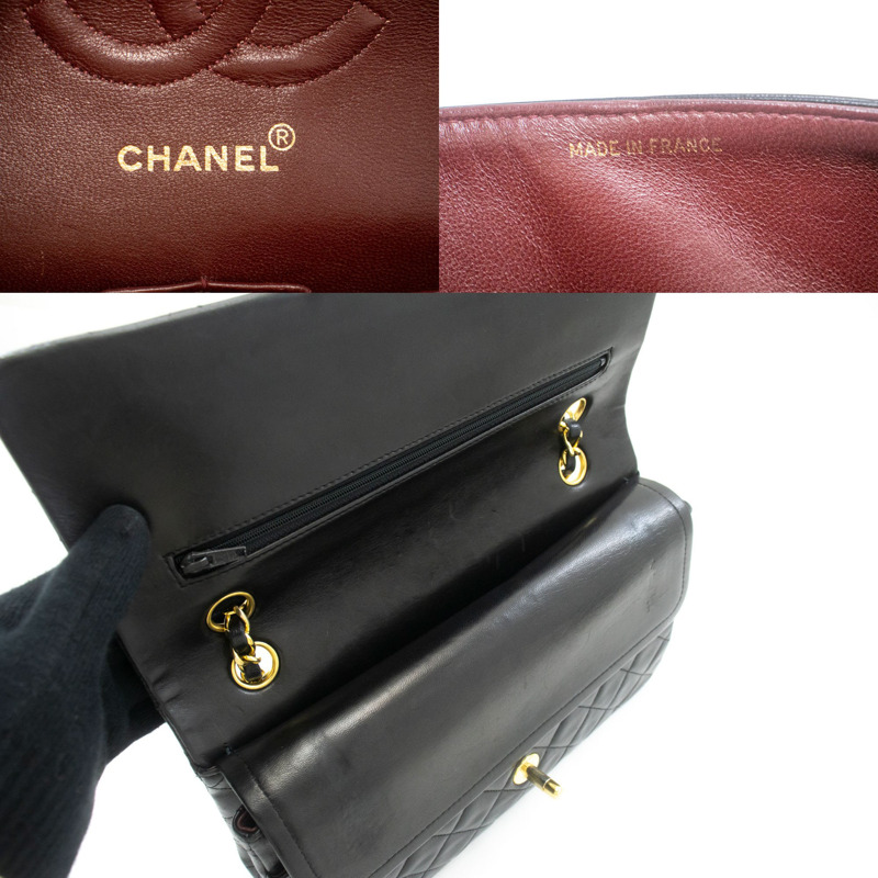 【日本直送】香奈兒經典雙蓋10吋鏈條單肩背包，黑色羊皮-7