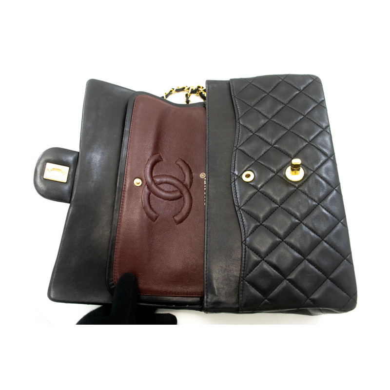 【日本直送】香奈兒經典雙蓋10吋鏈條單肩背包，黑色羊皮-10