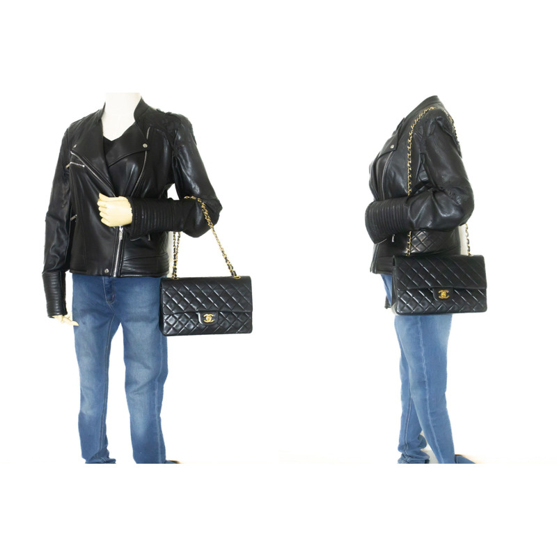 【日本直送】香奈兒經典雙蓋10吋鏈條單肩背包，黑色羊皮-11