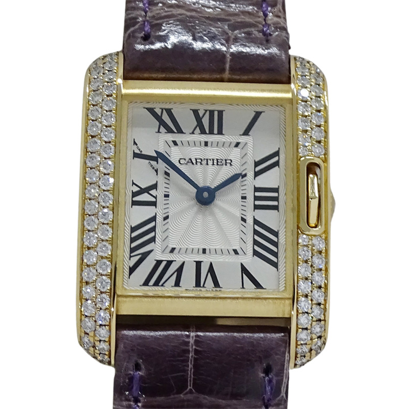 卡地亞 Tank Anglaise 女士腕錶，小號，鑲鑽，石英機芯，QZ，750YG，皮革錶帶，方形，拋光，WT100014-1