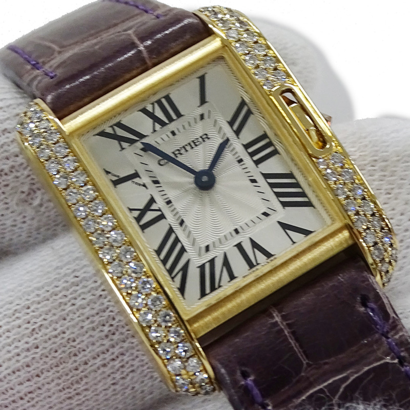 卡地亞 Tank Anglaise 女士腕錶，小號，鑲鑽，石英機芯，QZ，750YG，皮革錶帶，方形，拋光，WT100014-11